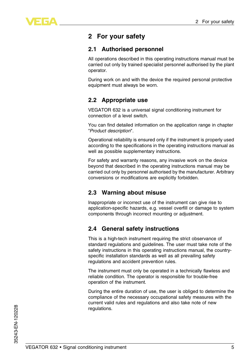 2 for your safety, 1 authorised personnel, 2 appropriate use | 3 warning about misuse, 4 general safety instructions, 2for your safety | VEGA VEGATOR 632 User Manual | Page 5 / 60