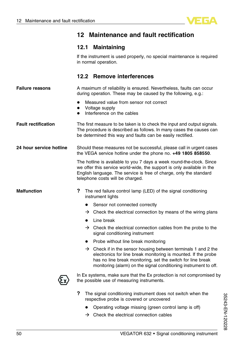 12 maintenance and fault rectification, 1 maintaining, 2 remove interferences | 12 maintenance and fault rectiﬁcation, 12 .1 maintaining, 12 .2 remove interferences | VEGA VEGATOR 632 User Manual | Page 50 / 60