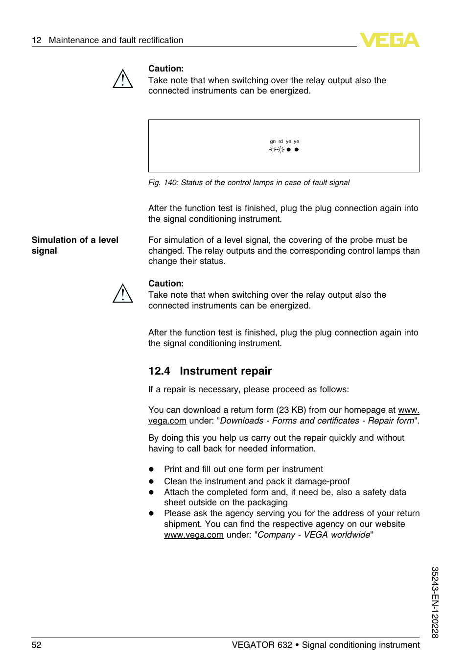 4 instrument repair, 12 .4 instrument repair | VEGA VEGATOR 632 User Manual | Page 52 / 60