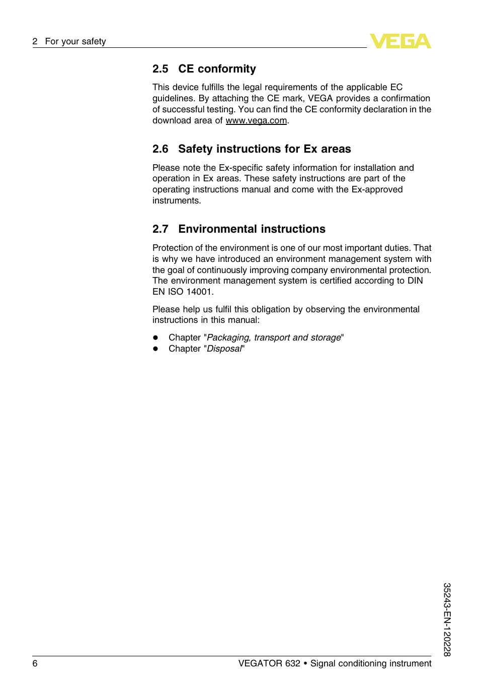 5 ce conformity, 6 safety instructions for ex areas, 7 environmental instructions | VEGA VEGATOR 632 User Manual | Page 6 / 60