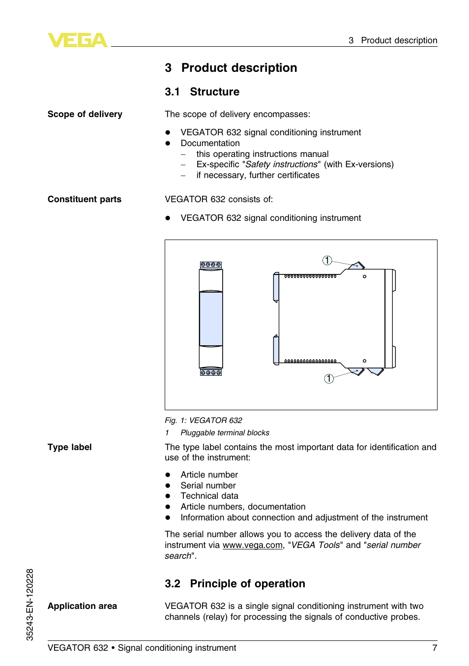 3 product description, 1 structure, 2 principle of operation | 3product description | VEGA VEGATOR 632 User Manual | Page 7 / 60