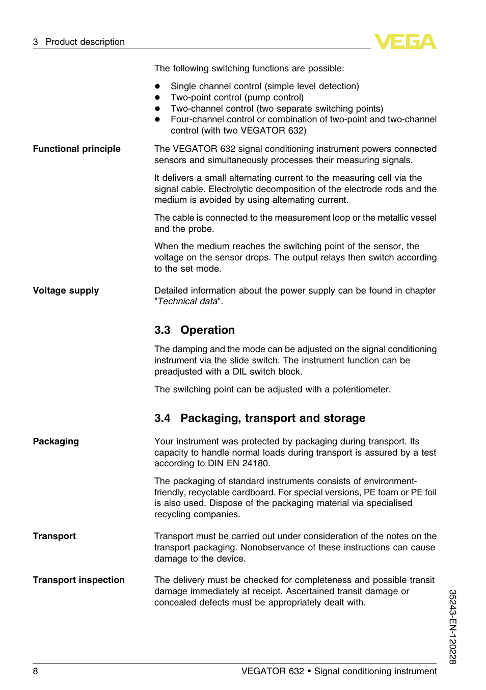 3 operation, 4 packaging, transport and storage | VEGA VEGATOR 632 User Manual | Page 8 / 60