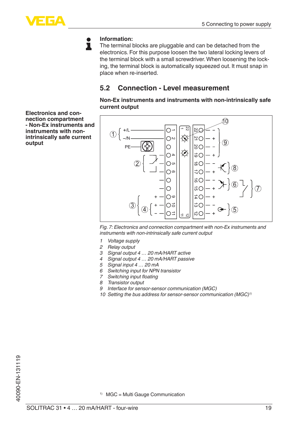 2 connection - level measurement | VEGA SOLITRAC 31 4 … 20 mA_HART - four-wire User Manual | Page 19 / 80