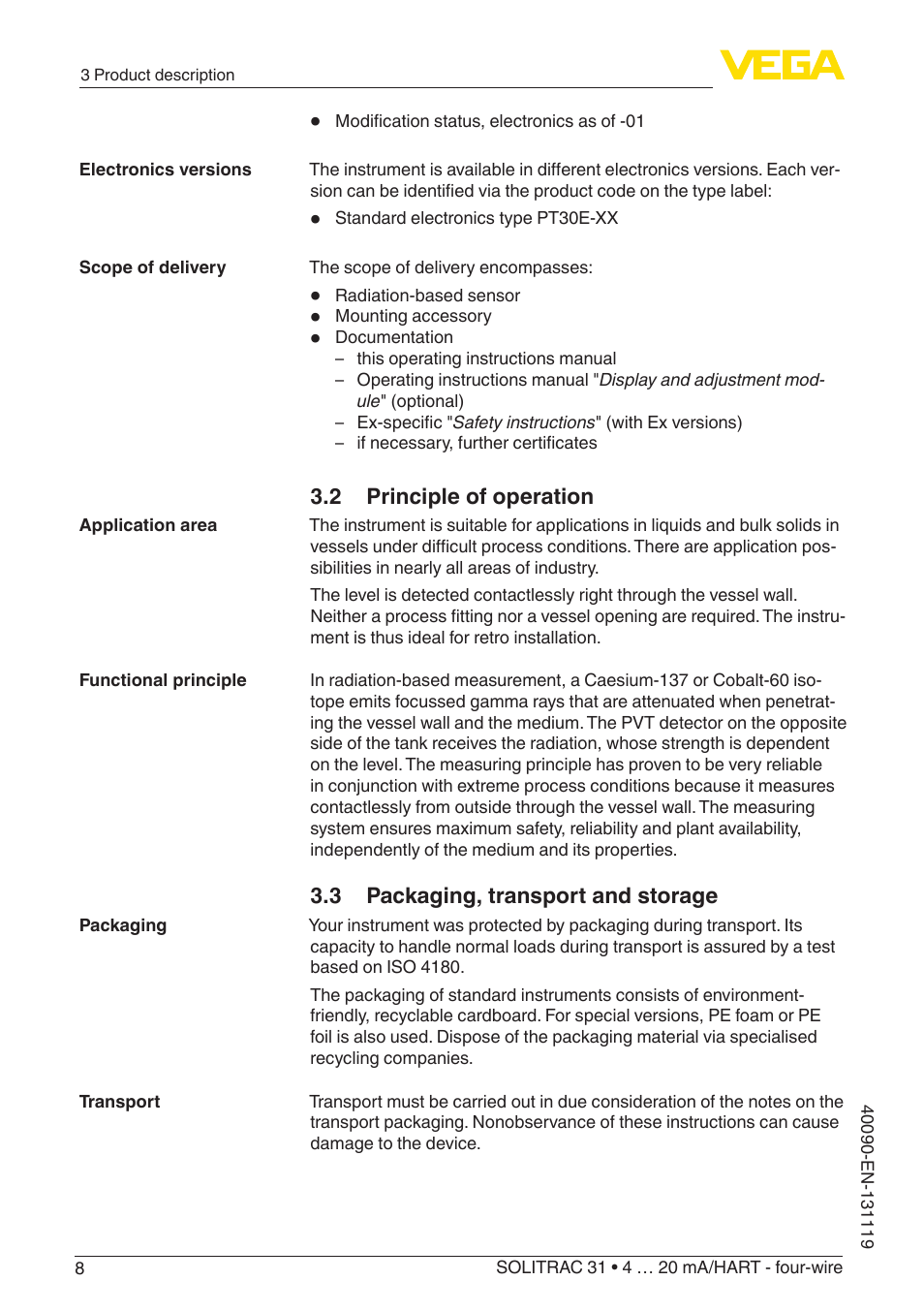 2 principle of operation, 3 packaging, transport and storage | VEGA SOLITRAC 31 4 … 20 mA_HART - four-wire User Manual | Page 8 / 80