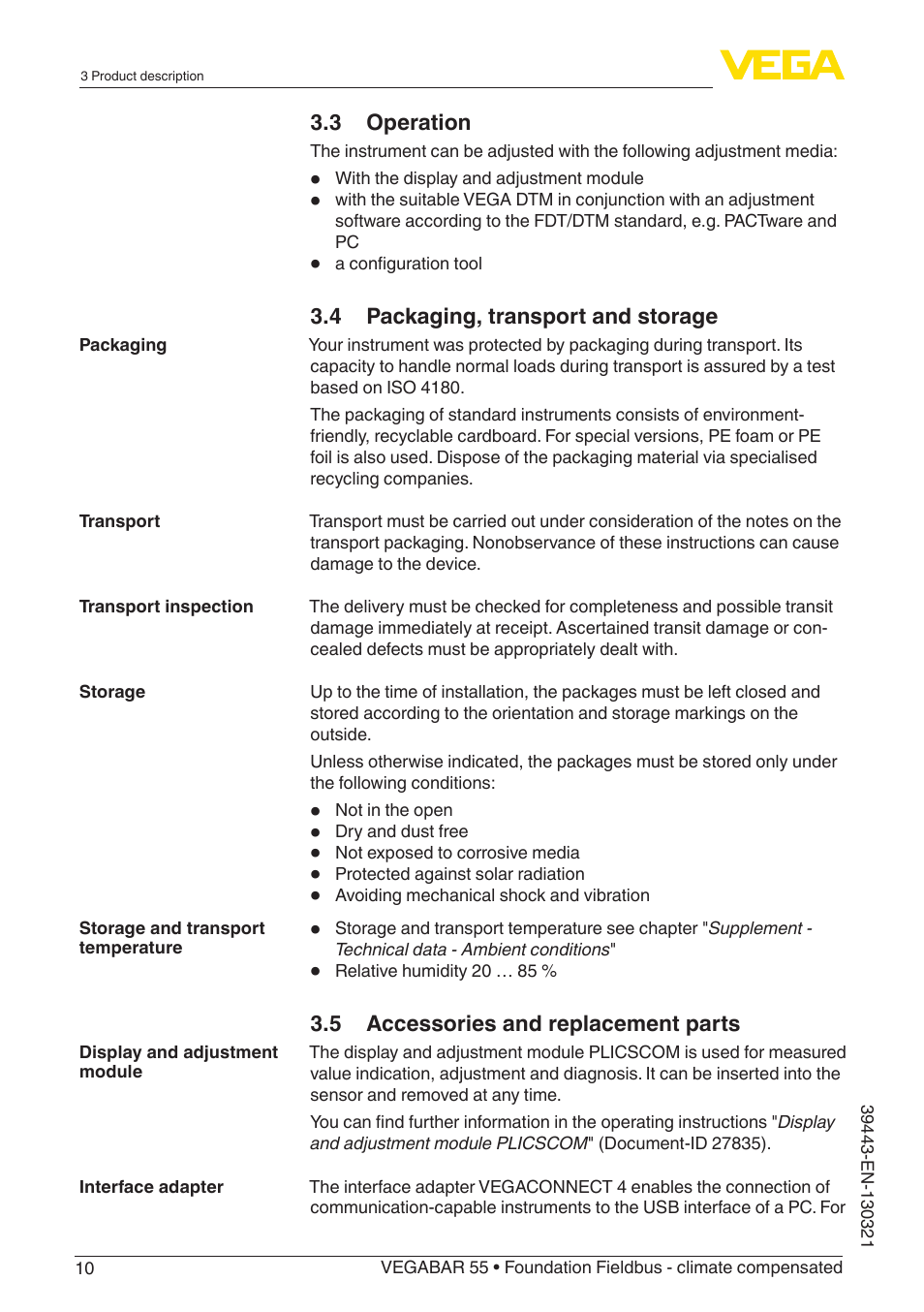 VEGA VEGABAR 55 Foundation Fieldbus - climate compensated User Manual | Page 10 / 68