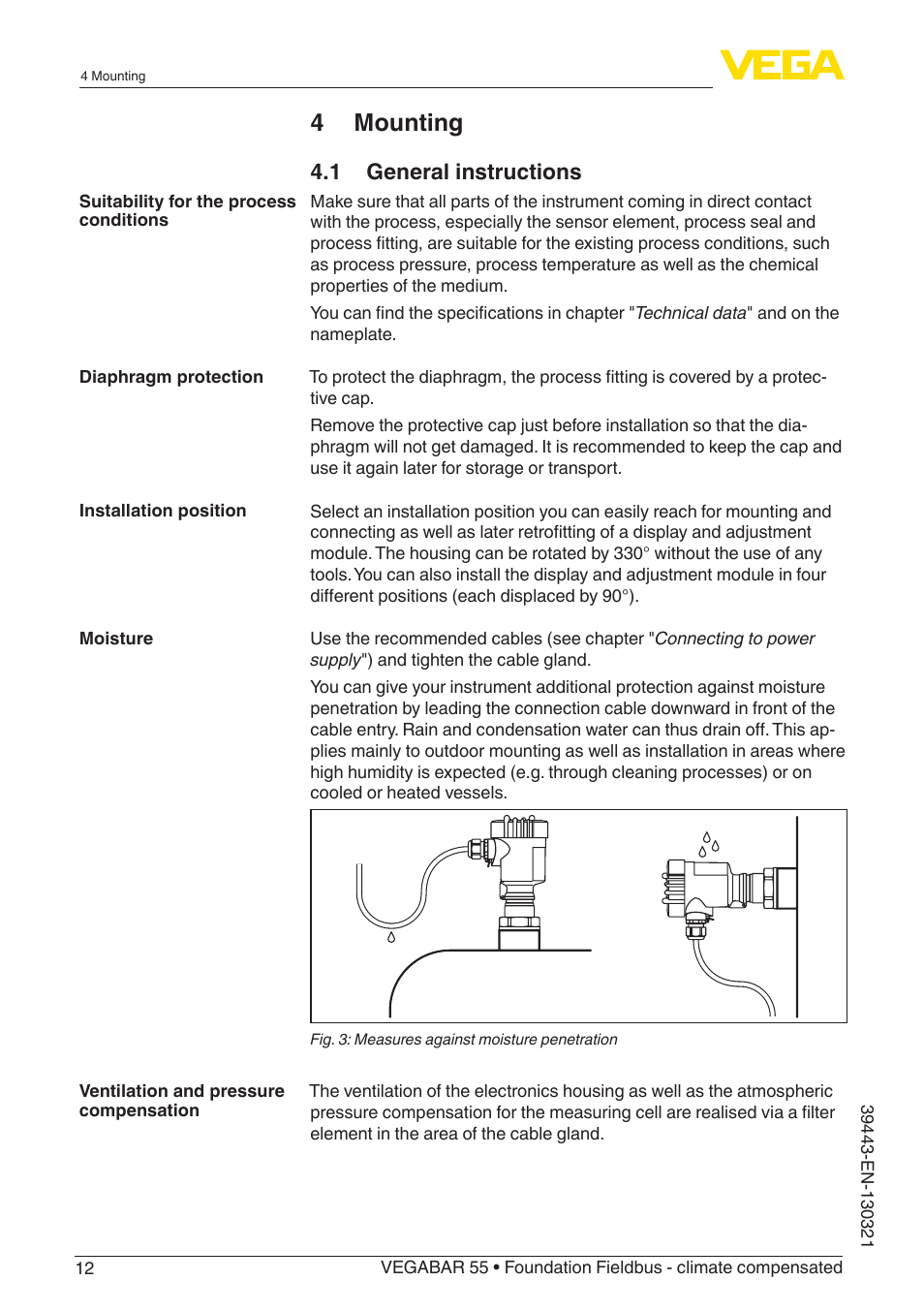 4 mounting, 1 general instructions | VEGA VEGABAR 55 Foundation Fieldbus - climate compensated User Manual | Page 12 / 68