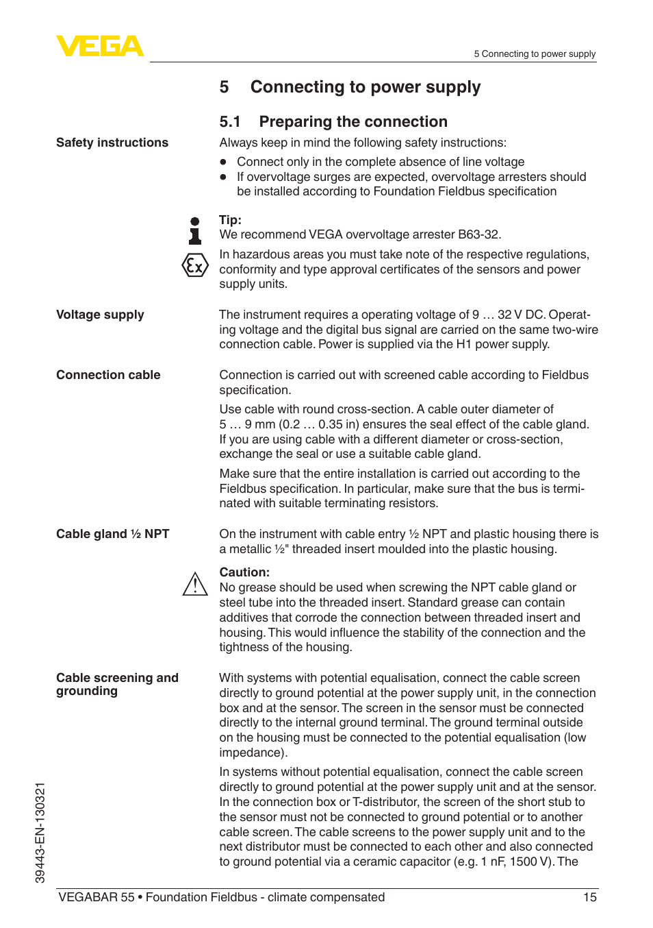 5 connecting to power supply, 1 preparing the connection | VEGA VEGABAR 55 Foundation Fieldbus - climate compensated User Manual | Page 15 / 68