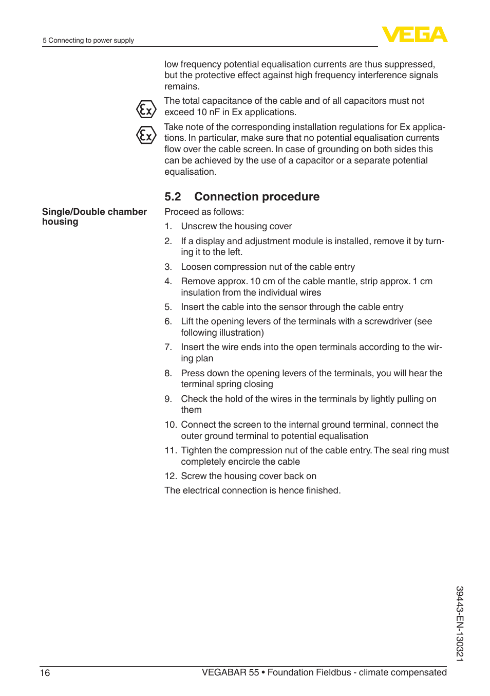 2 connection procedure | VEGA VEGABAR 55 Foundation Fieldbus - climate compensated User Manual | Page 16 / 68