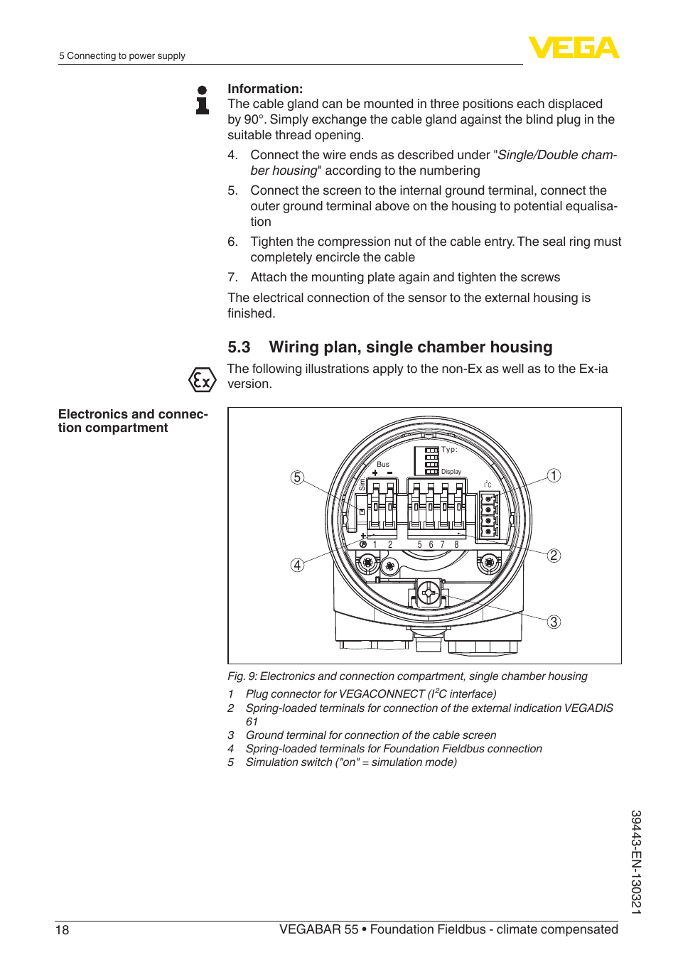 3 wiring plan, single chamber housing | VEGA VEGABAR 55 Foundation Fieldbus - climate compensated User Manual | Page 18 / 68