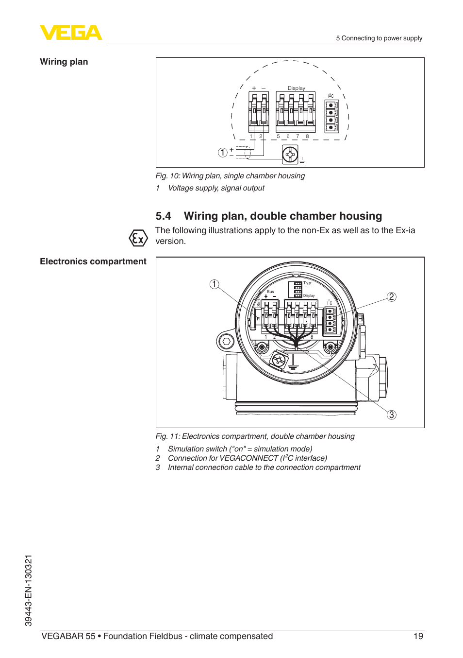 4 wiring plan, double chamber housing, Wiring plan electronics compartment | VEGA VEGABAR 55 Foundation Fieldbus - climate compensated User Manual | Page 19 / 68