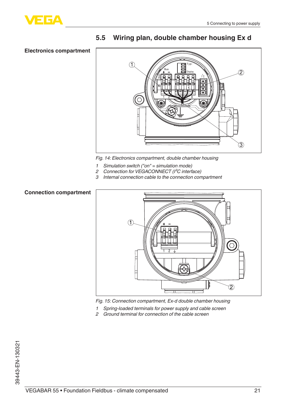 5 wiring plan, double chamber housing ex d | VEGA VEGABAR 55 Foundation Fieldbus - climate compensated User Manual | Page 21 / 68