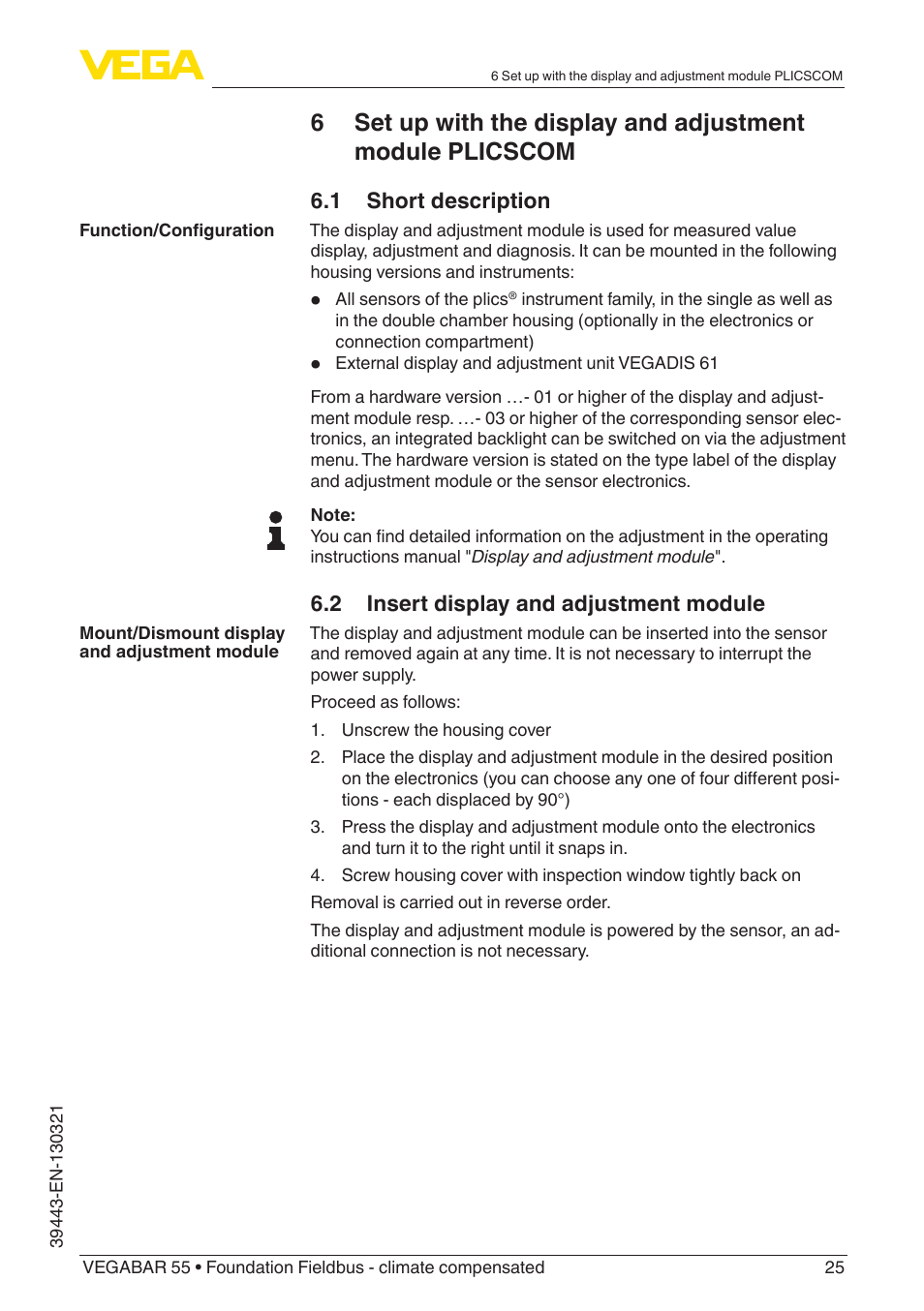 VEGA VEGABAR 55 Foundation Fieldbus - climate compensated User Manual | Page 25 / 68