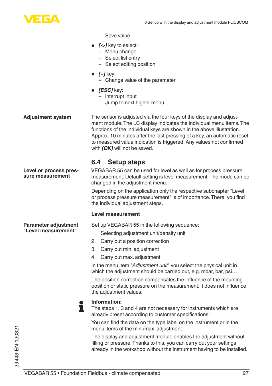 4 setup steps | VEGA VEGABAR 55 Foundation Fieldbus - climate compensated User Manual | Page 27 / 68