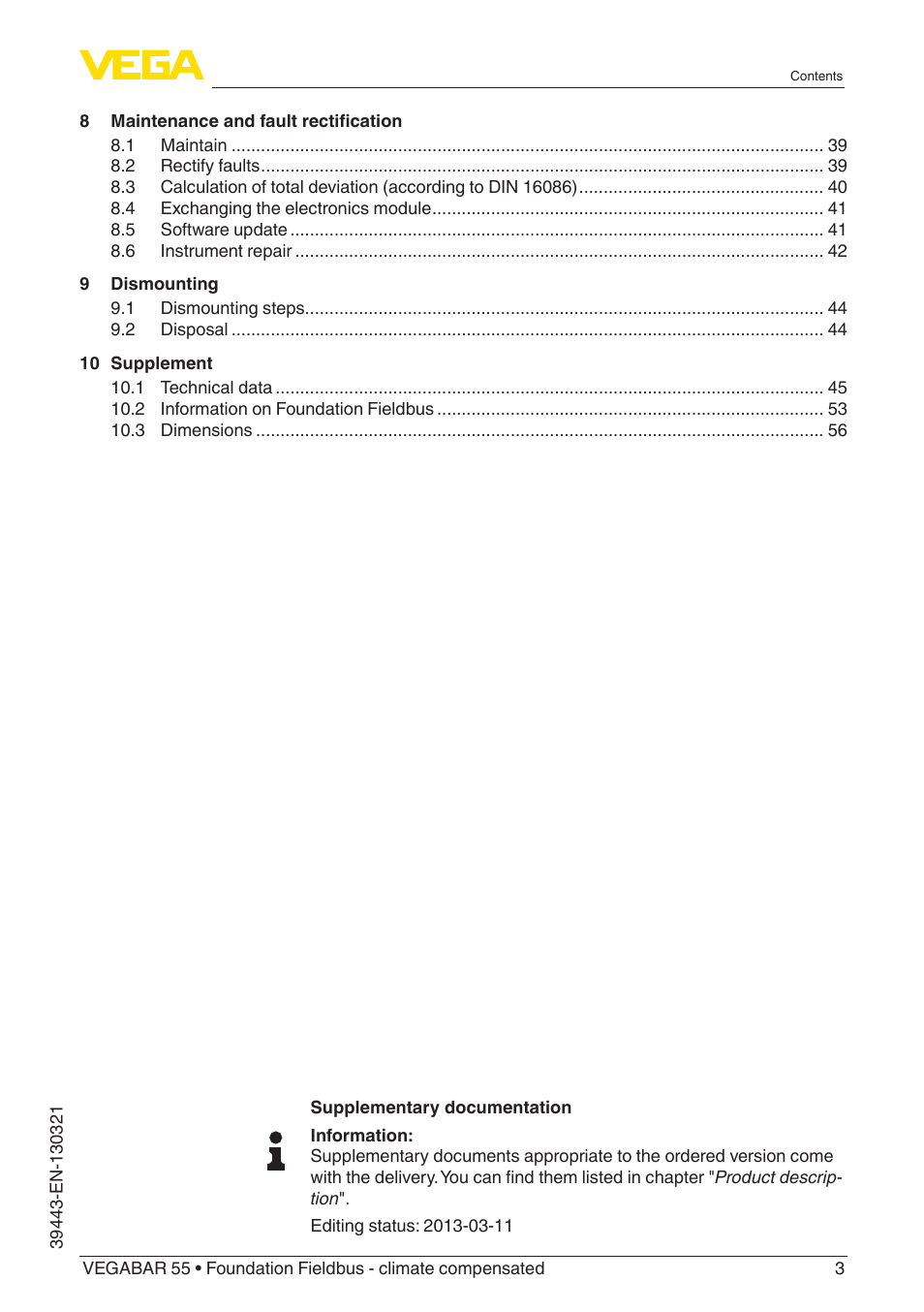 VEGA VEGABAR 55 Foundation Fieldbus - climate compensated User Manual | Page 3 / 68
