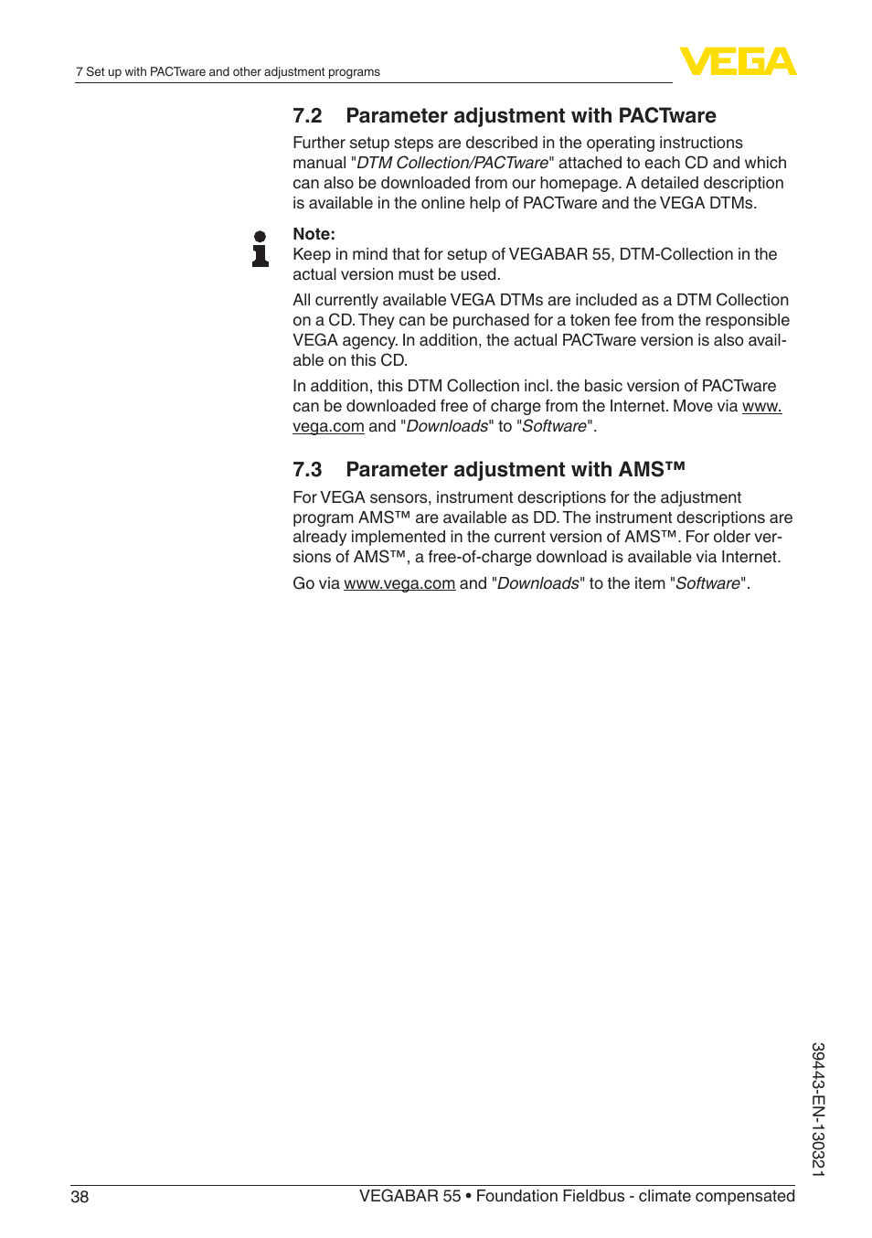 2 parameter adjustment with pactware, 3 parameter adjustment with ams | VEGA VEGABAR 55 Foundation Fieldbus - climate compensated User Manual | Page 38 / 68