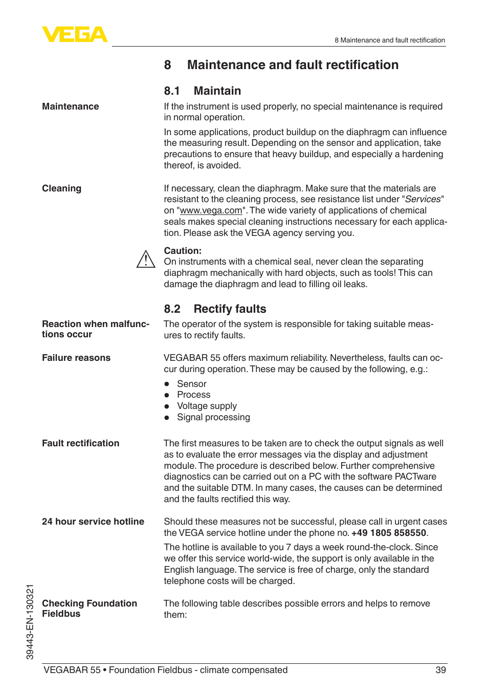 8 maintenance and fault rectification | VEGA VEGABAR 55 Foundation Fieldbus - climate compensated User Manual | Page 39 / 68