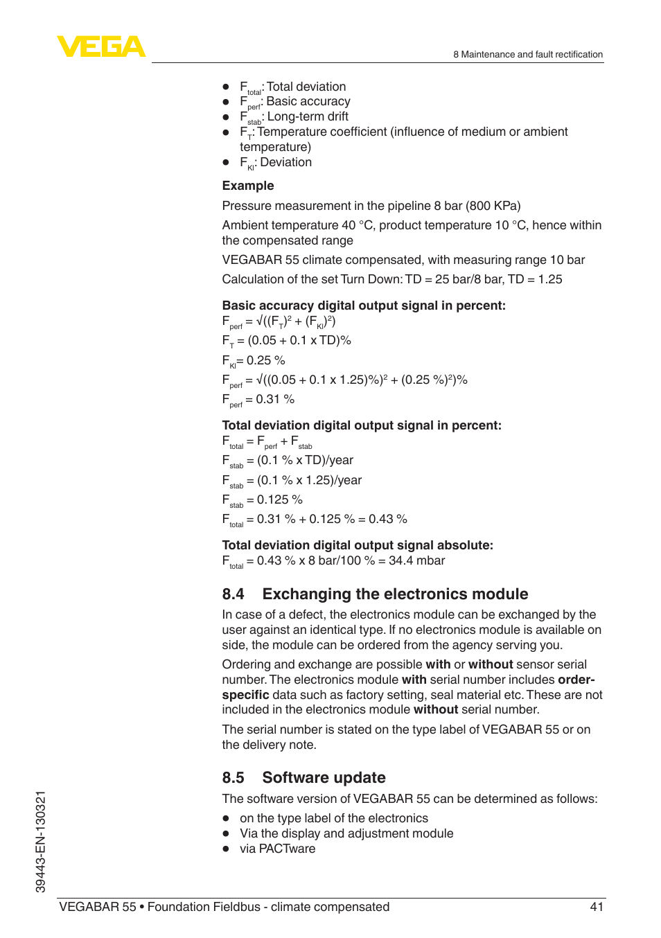4 exchanging the electronics module, 5 software update | VEGA VEGABAR 55 Foundation Fieldbus - climate compensated User Manual | Page 41 / 68