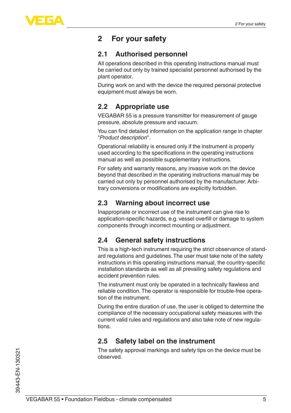 2 for your safety | VEGA VEGABAR 55 Foundation Fieldbus - climate compensated User Manual | Page 5 / 68