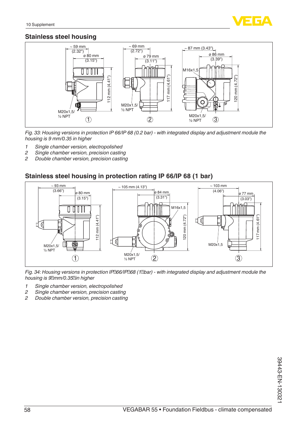 Stainless steel housing | VEGA VEGABAR 55 Foundation Fieldbus - climate compensated User Manual | Page 58 / 68