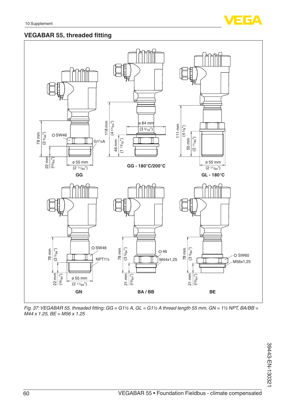 Vegabar 55, threaded fitting | VEGA VEGABAR 55 Foundation Fieldbus - climate compensated User Manual | Page 60 / 68