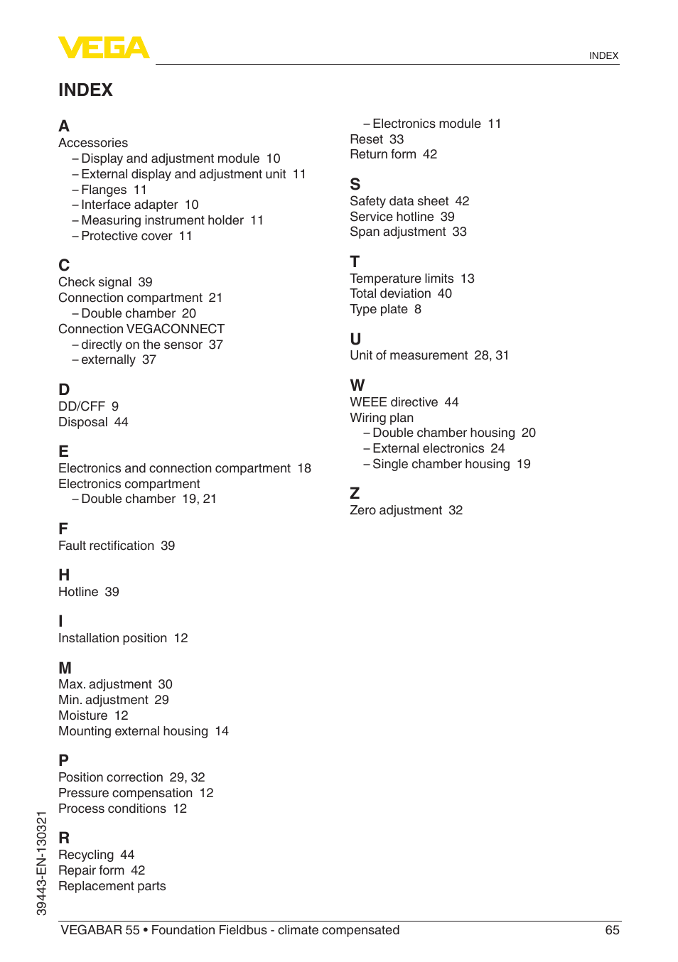 Index | VEGA VEGABAR 55 Foundation Fieldbus - climate compensated User Manual | Page 65 / 68