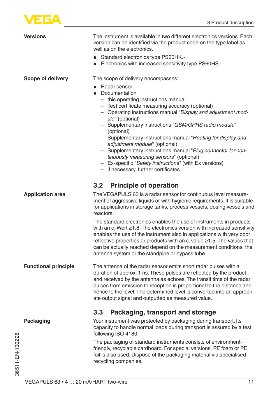 2 principle of operation, 3 packaging, transport and storage | VEGA VEGAPULS 63 (≥ 2.0.0 - ≥ 4.0.0) 4 … 20 mA_HART two-wire User Manual | Page 11 / 80