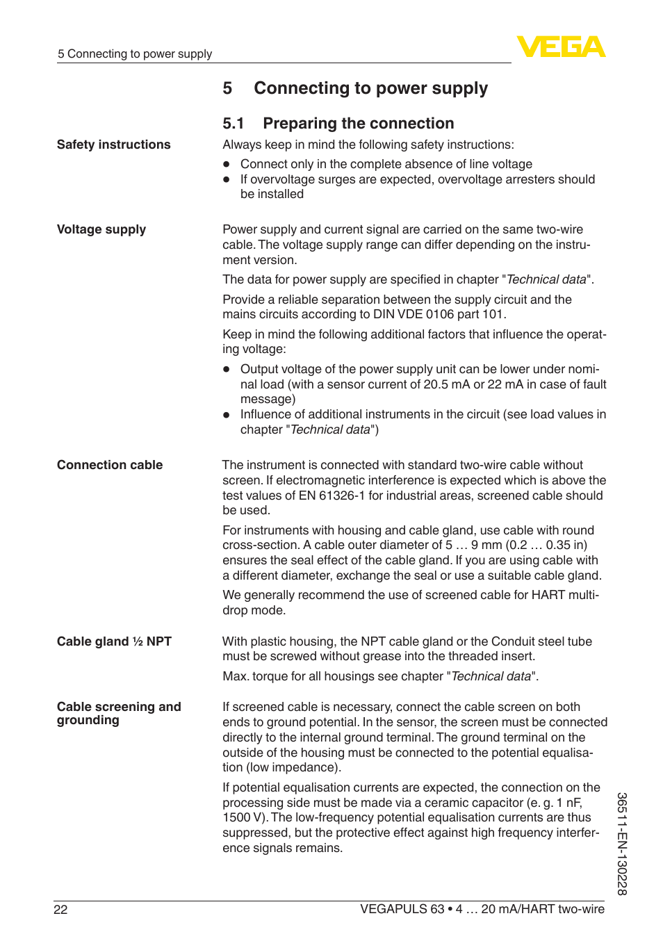 5 connecting to power supply | VEGA VEGAPULS 63 (≥ 2.0.0 - ≥ 4.0.0) 4 … 20 mA_HART two-wire User Manual | Page 22 / 80