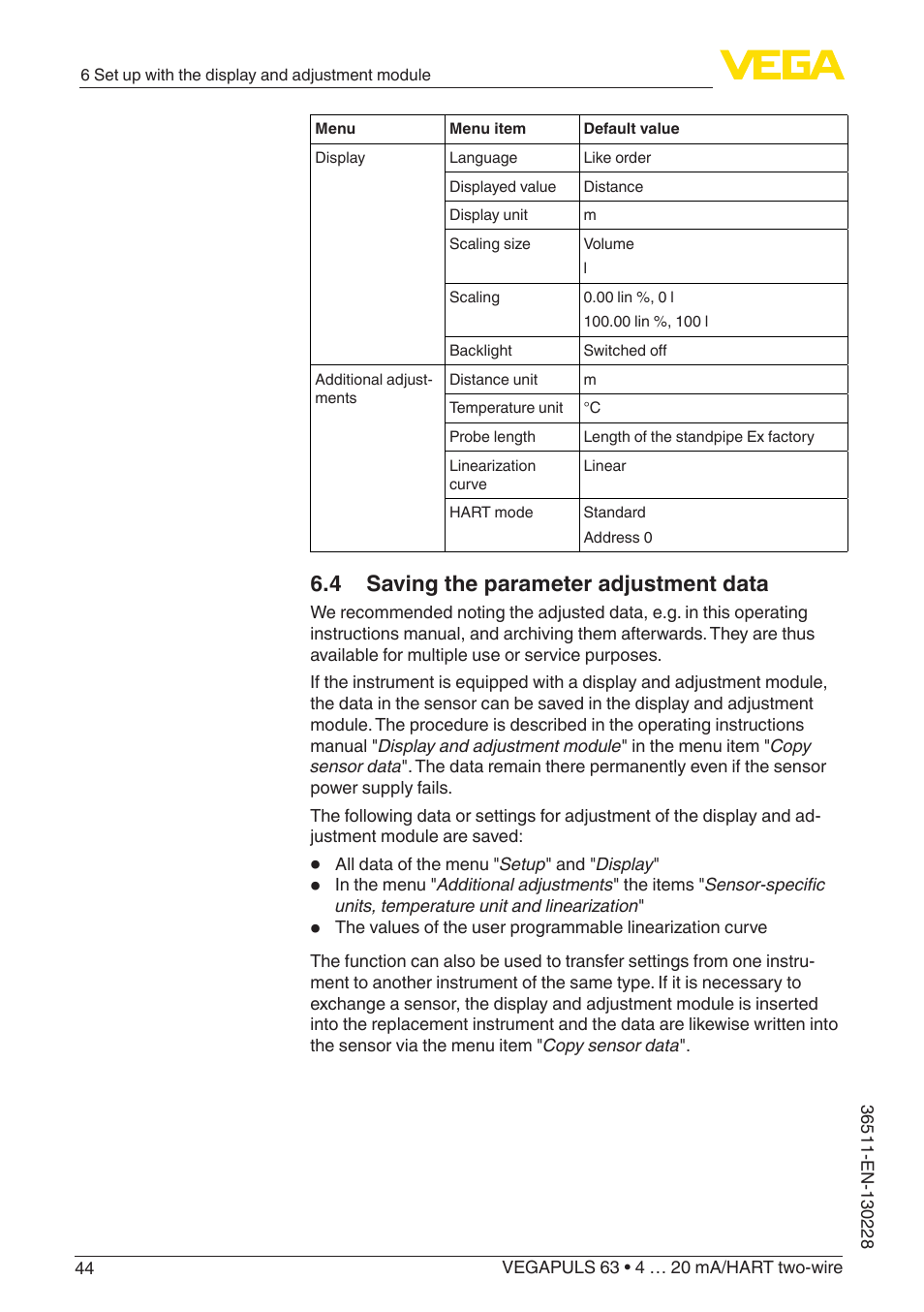 4 saving the parameter adjustment data | VEGA VEGAPULS 63 (≥ 2.0.0 - ≥ 4.0.0) 4 … 20 mA_HART two-wire User Manual | Page 44 / 80