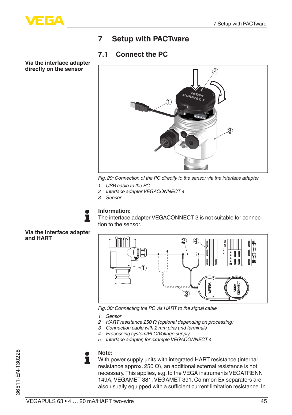 7 setup with pactware, 1 connect the pc | VEGA VEGAPULS 63 (≥ 2.0.0 - ≥ 4.0.0) 4 … 20 mA_HART two-wire User Manual | Page 45 / 80