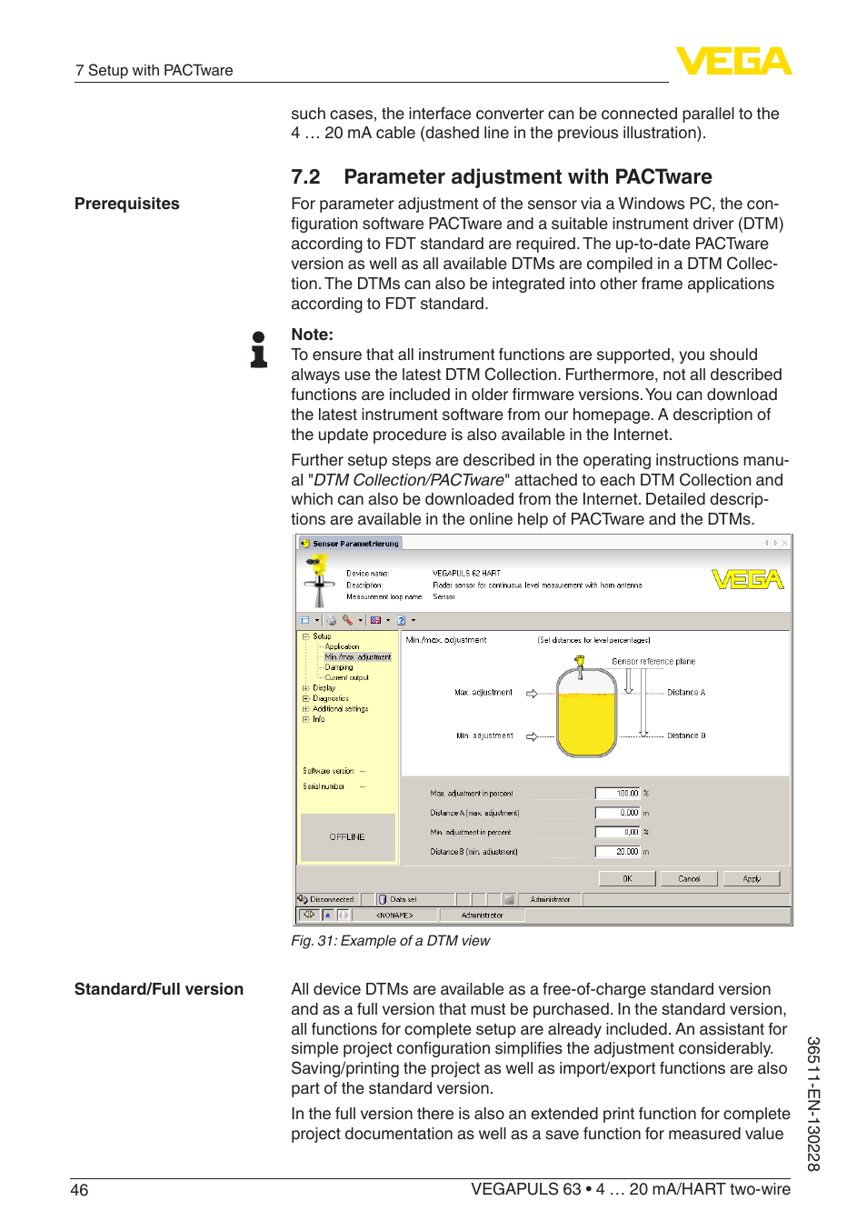 2 parameter adjustment with pactware | VEGA VEGAPULS 63 (≥ 2.0.0 - ≥ 4.0.0) 4 … 20 mA_HART two-wire User Manual | Page 46 / 80