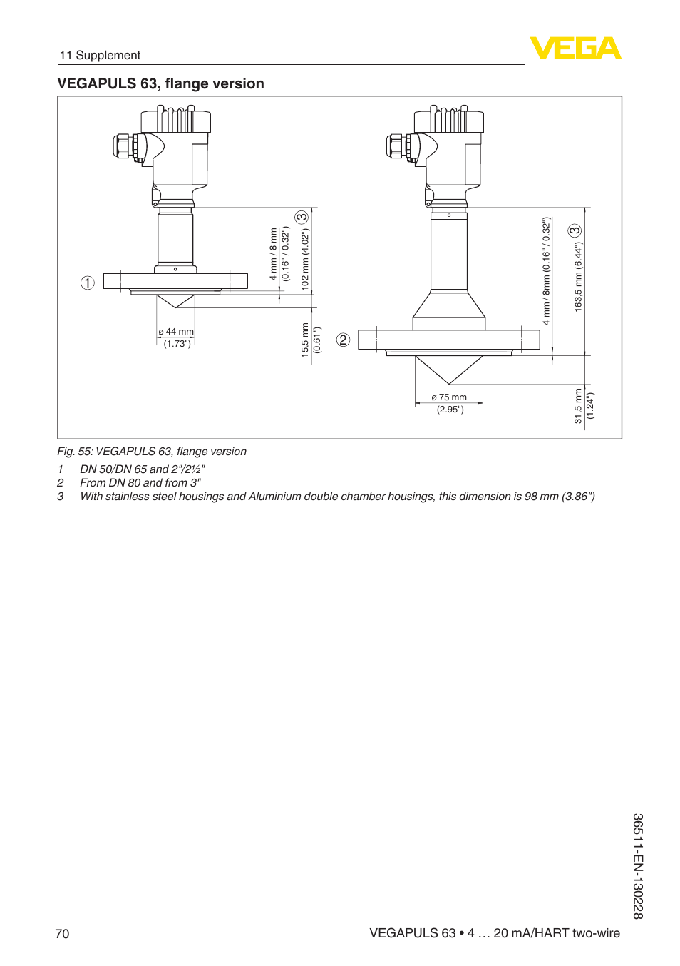 Vegapuls 63, flange version | VEGA VEGAPULS 63 (≥ 2.0.0 - ≥ 4.0.0) 4 … 20 mA_HART two-wire User Manual | Page 70 / 80