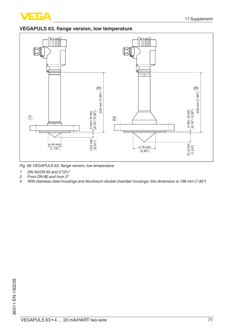 Vegapuls 63, flange version, low temperature | VEGA VEGAPULS 63 (≥ 2.0.0 - ≥ 4.0.0) 4 … 20 mA_HART two-wire User Manual | Page 71 / 80