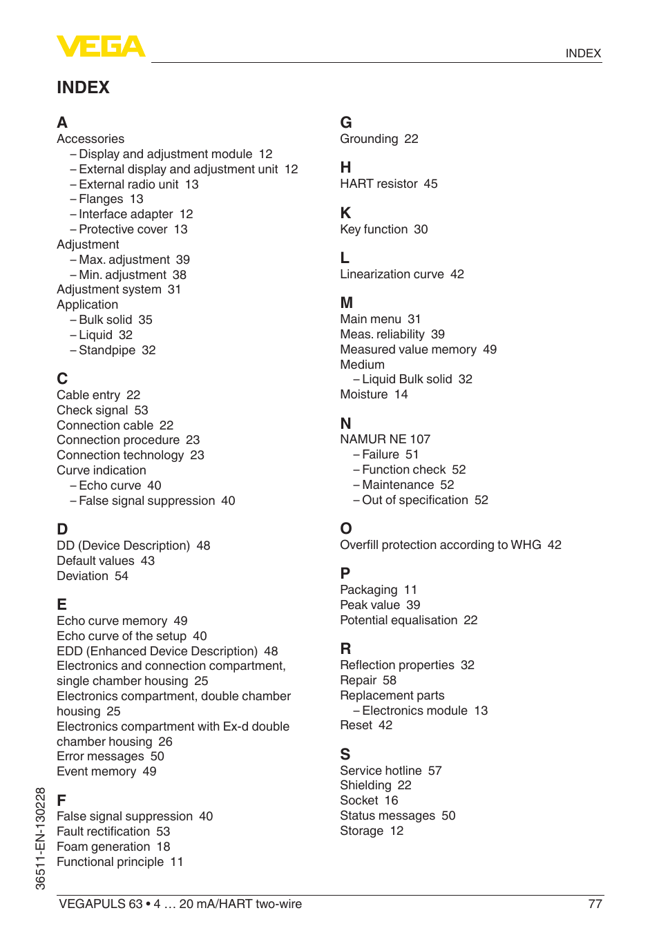 Index | VEGA VEGAPULS 63 (≥ 2.0.0 - ≥ 4.0.0) 4 … 20 mA_HART two-wire User Manual | Page 77 / 80