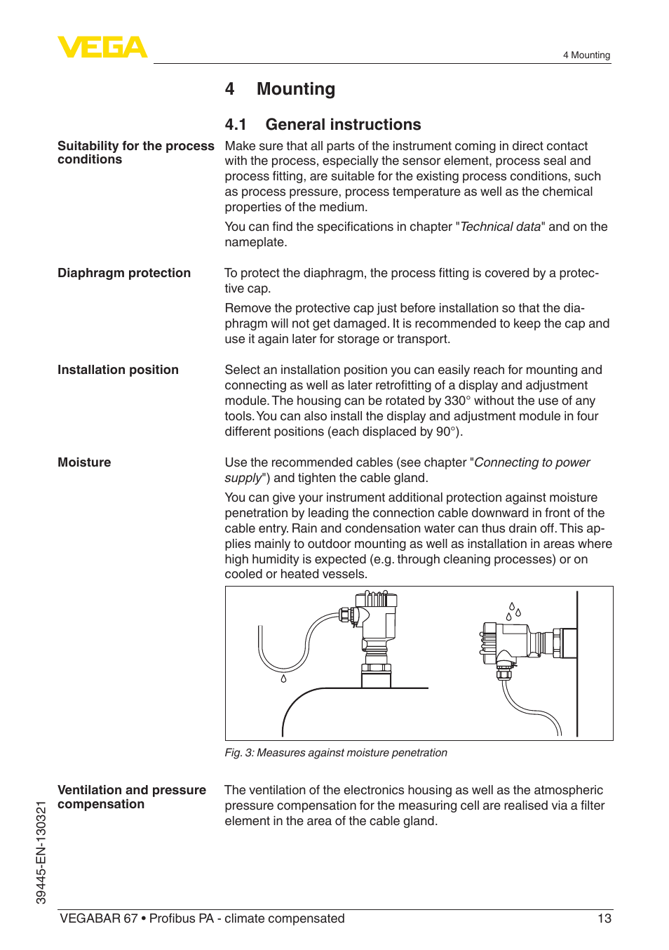 4 mounting, 1 general instructions | VEGA VEGABAR 67 Profibus PA - climate compensated User Manual | Page 13 / 72