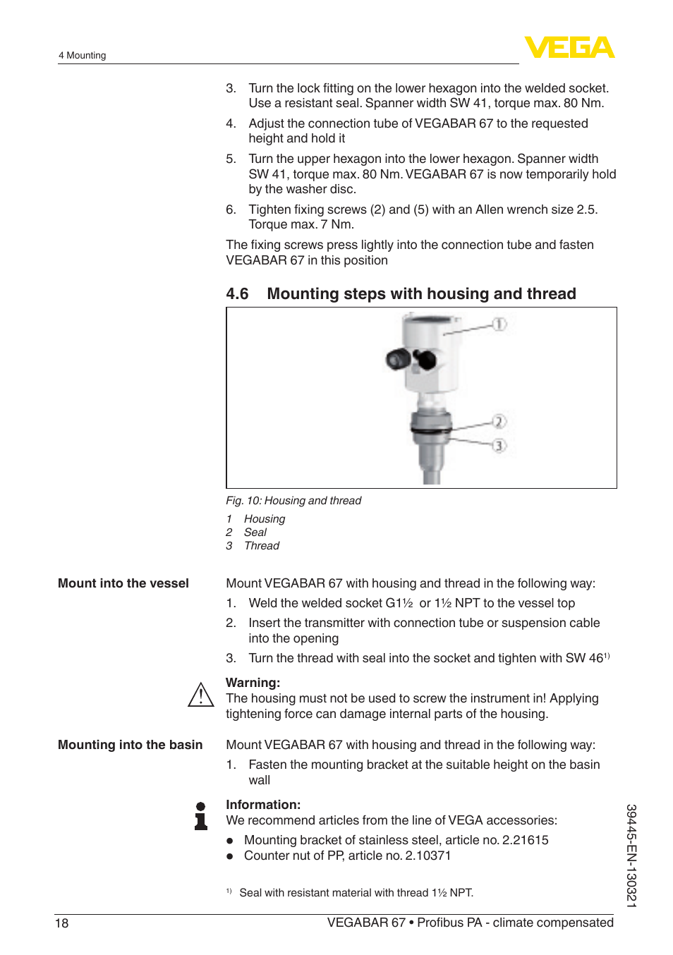6 mounting steps with housing and thread | VEGA VEGABAR 67 Profibus PA - climate compensated User Manual | Page 18 / 72