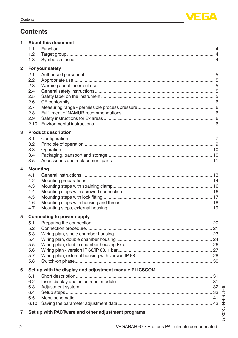 VEGA VEGABAR 67 Profibus PA - climate compensated User Manual | Page 2 / 72