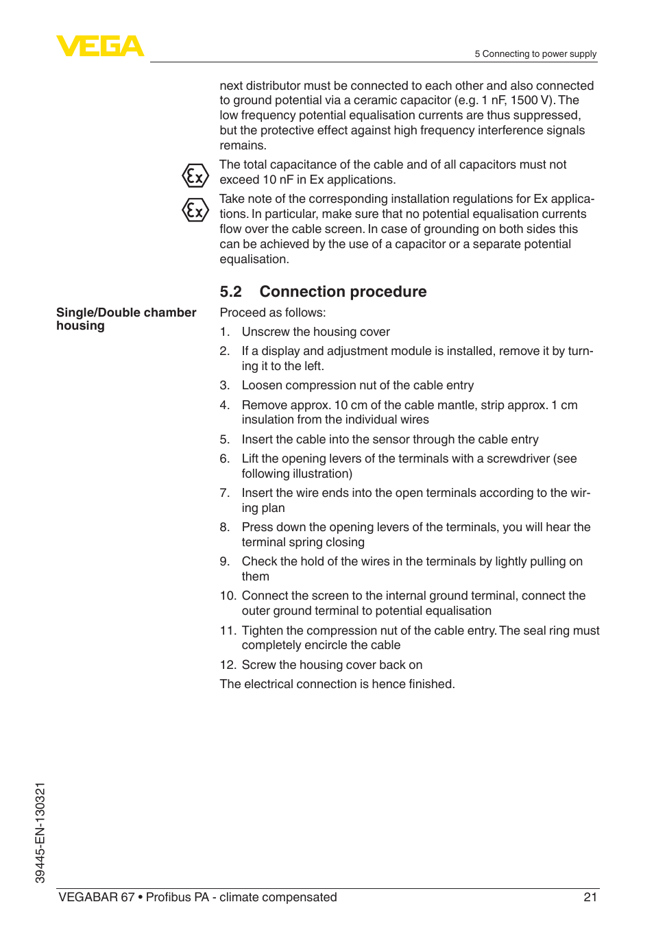 2 connection procedure | VEGA VEGABAR 67 Profibus PA - climate compensated User Manual | Page 21 / 72