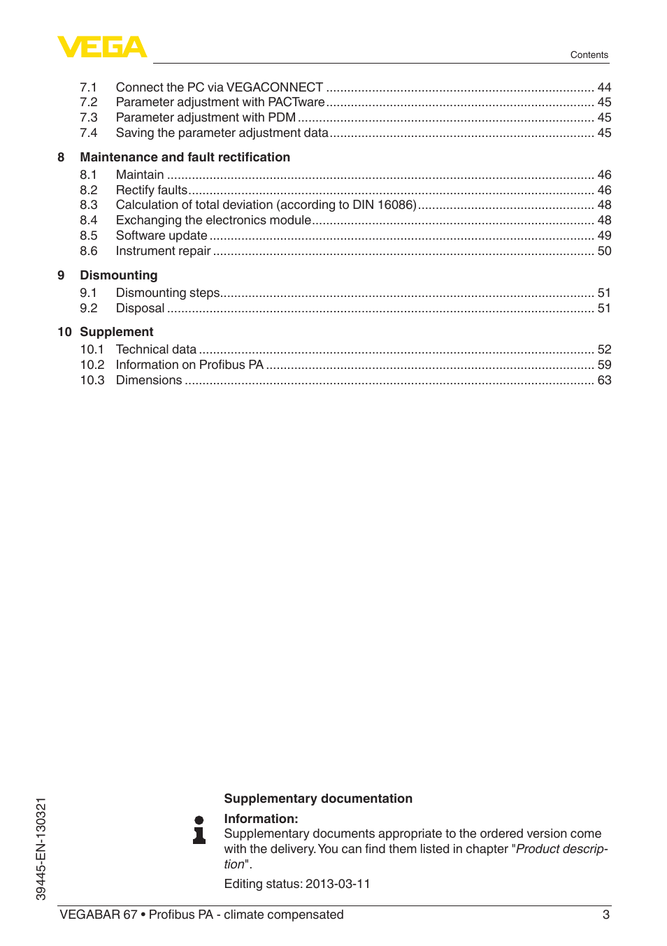 VEGA VEGABAR 67 Profibus PA - climate compensated User Manual | Page 3 / 72