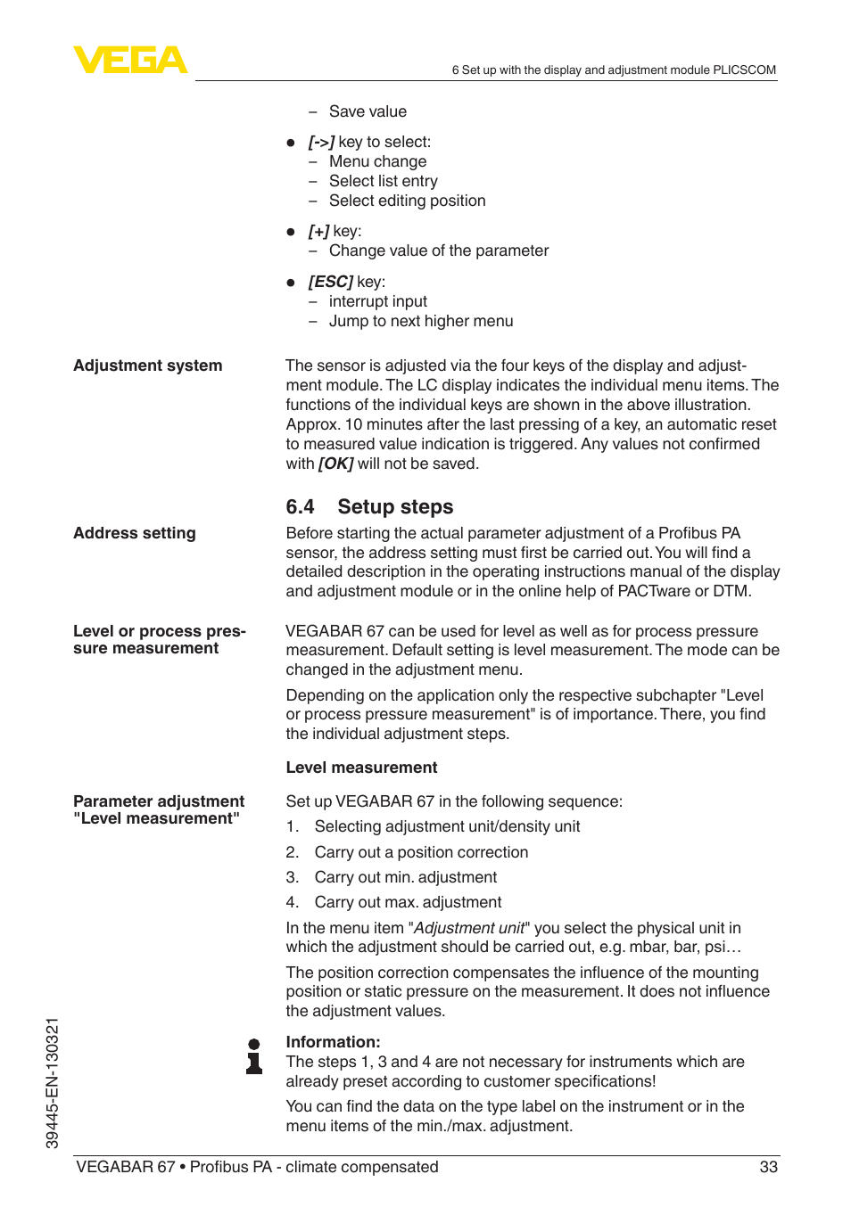 4 setup steps | VEGA VEGABAR 67 Profibus PA - climate compensated User Manual | Page 33 / 72