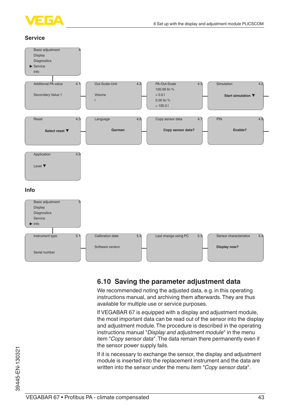 10 saving the parameter adjustment data, Info | VEGA VEGABAR 67 Profibus PA - climate compensated User Manual | Page 43 / 72