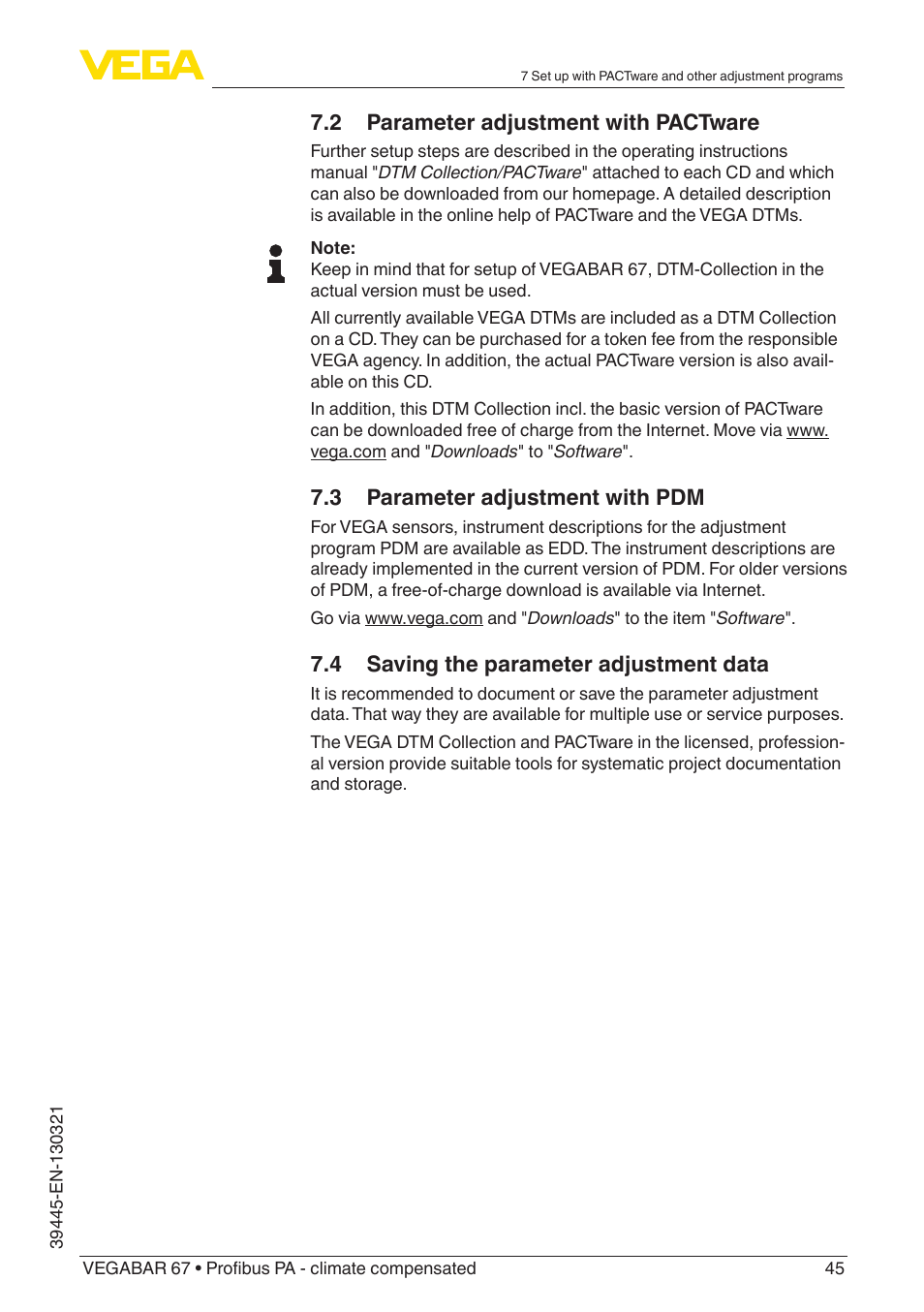 2 parameter adjustment with pactware, 3 parameter adjustment with pdm, 4 saving the parameter adjustment data | VEGA VEGABAR 67 Profibus PA - climate compensated User Manual | Page 45 / 72