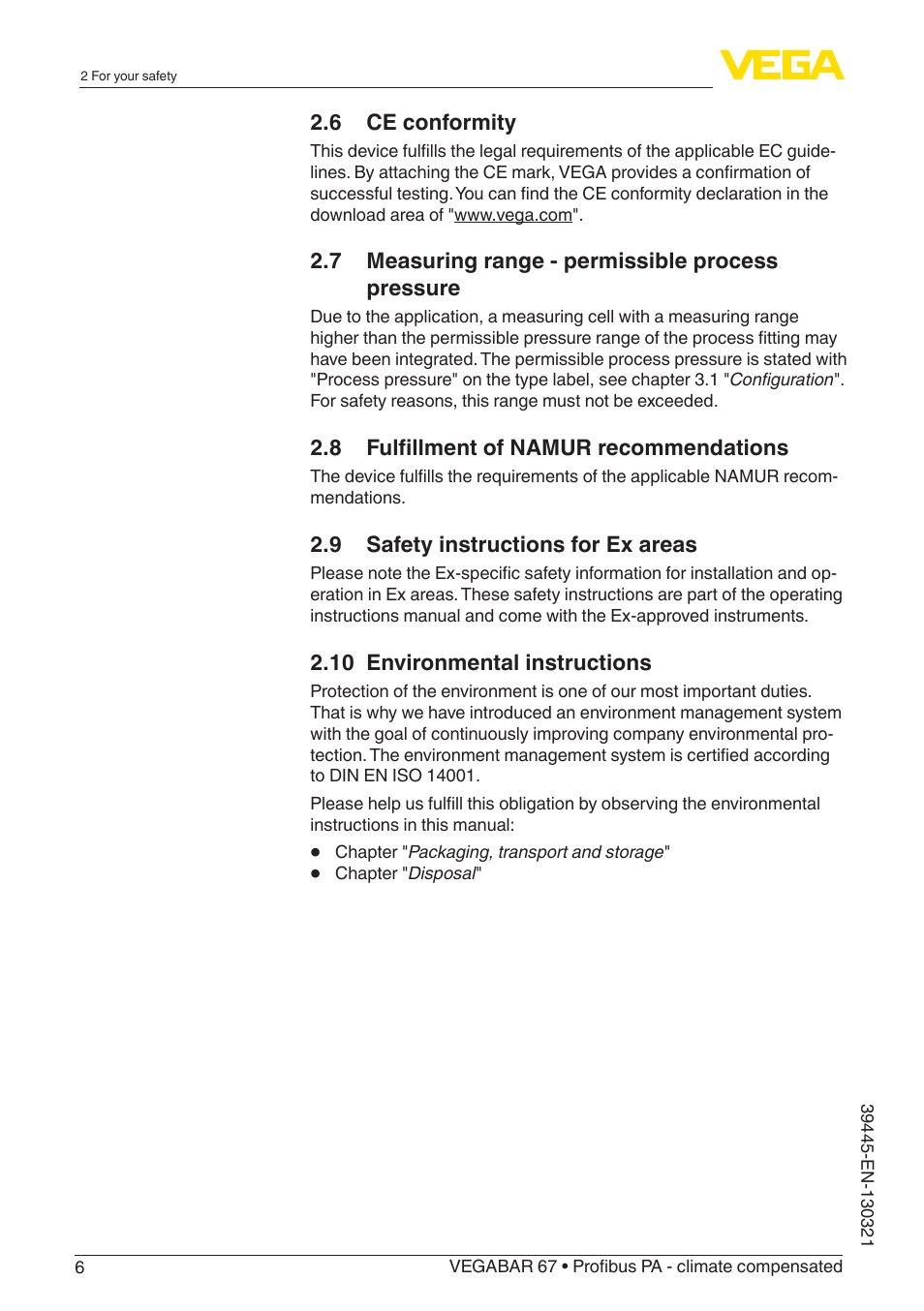 VEGA VEGABAR 67 Profibus PA - climate compensated User Manual | Page 6 / 72