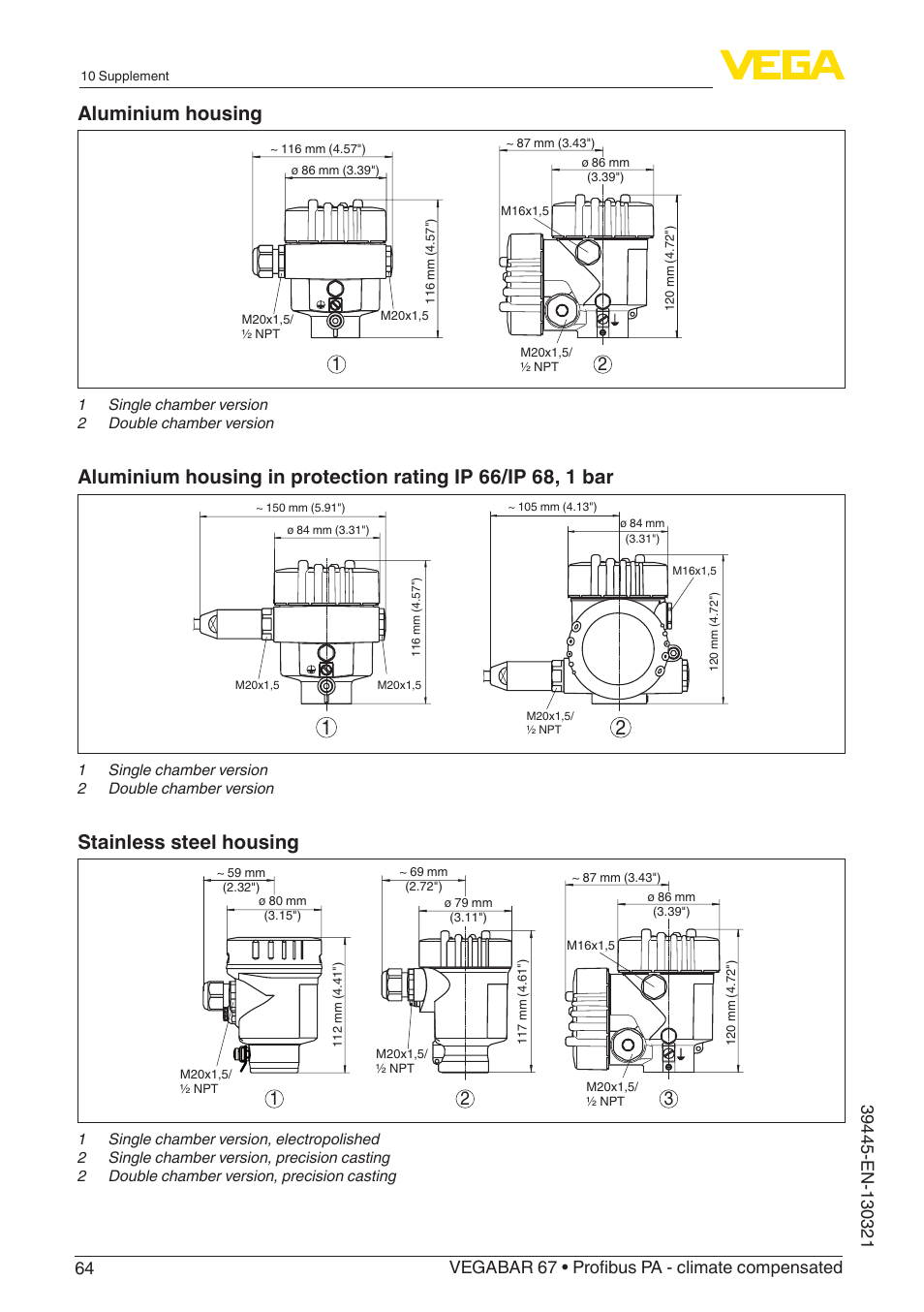 Aluminium housing, Stainless steel housing | VEGA VEGABAR 67 Profibus PA - climate compensated User Manual | Page 64 / 72