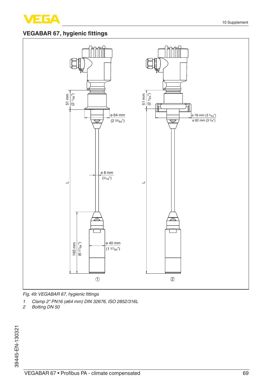 Vegabar 67, hygienic fittings | VEGA VEGABAR 67 Profibus PA - climate compensated User Manual | Page 69 / 72