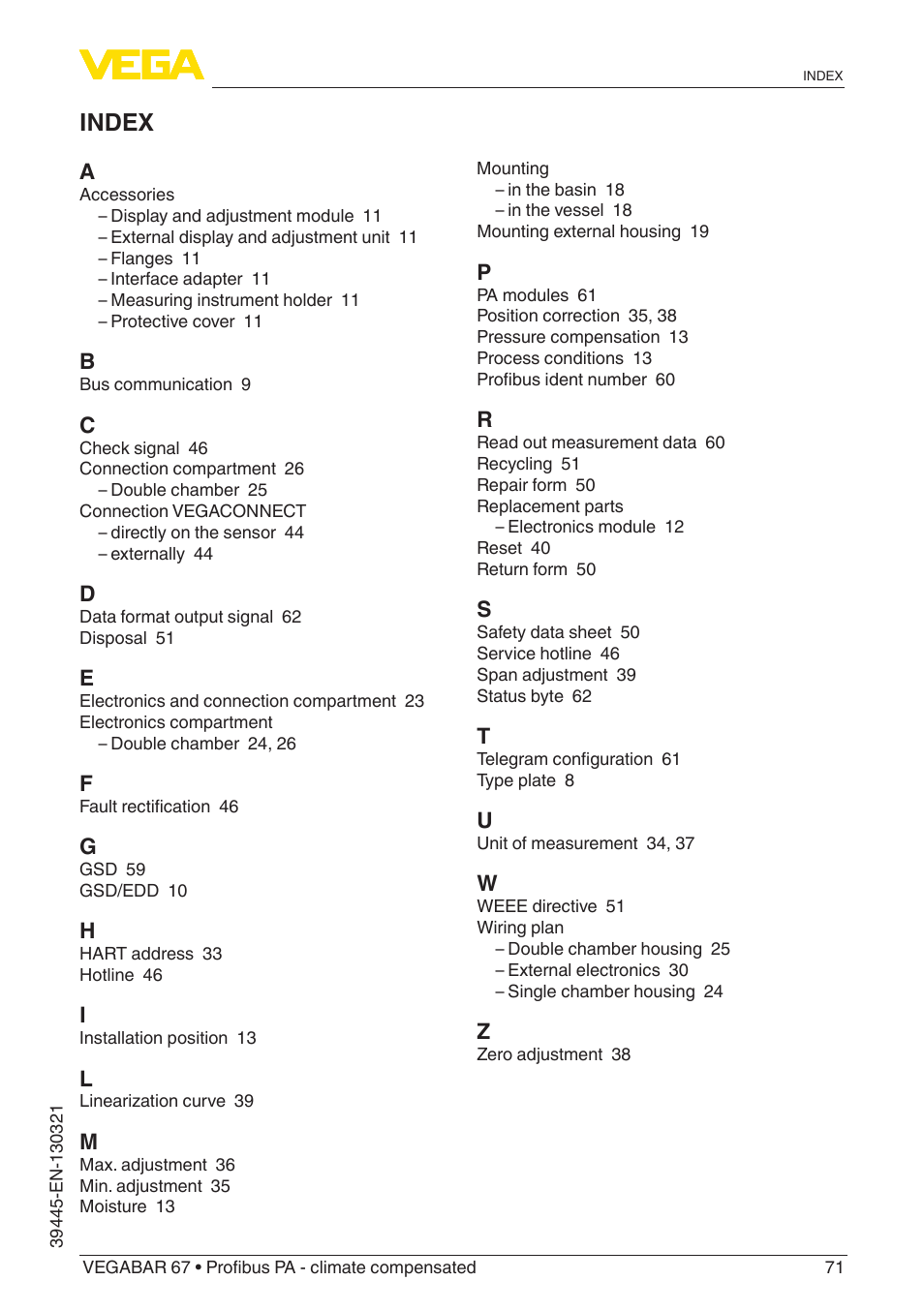 Index | VEGA VEGABAR 67 Profibus PA - climate compensated User Manual | Page 71 / 72