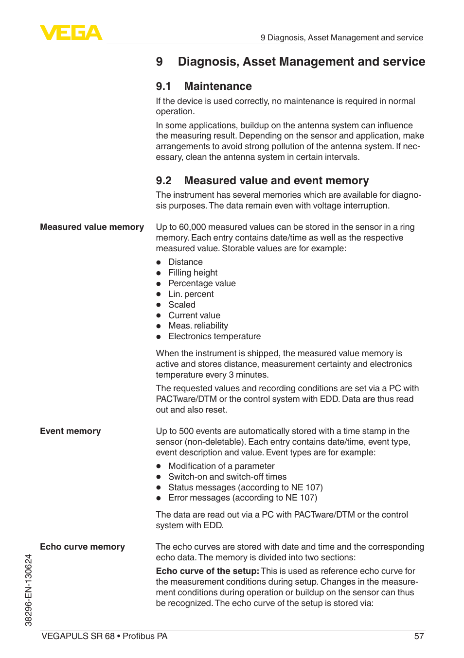 9 diagnosis, asset management and service, 1 maintenance, 2 measured value and event memory | VEGA VEGAPULS SR 68 Profibus PA User Manual | Page 57 / 88