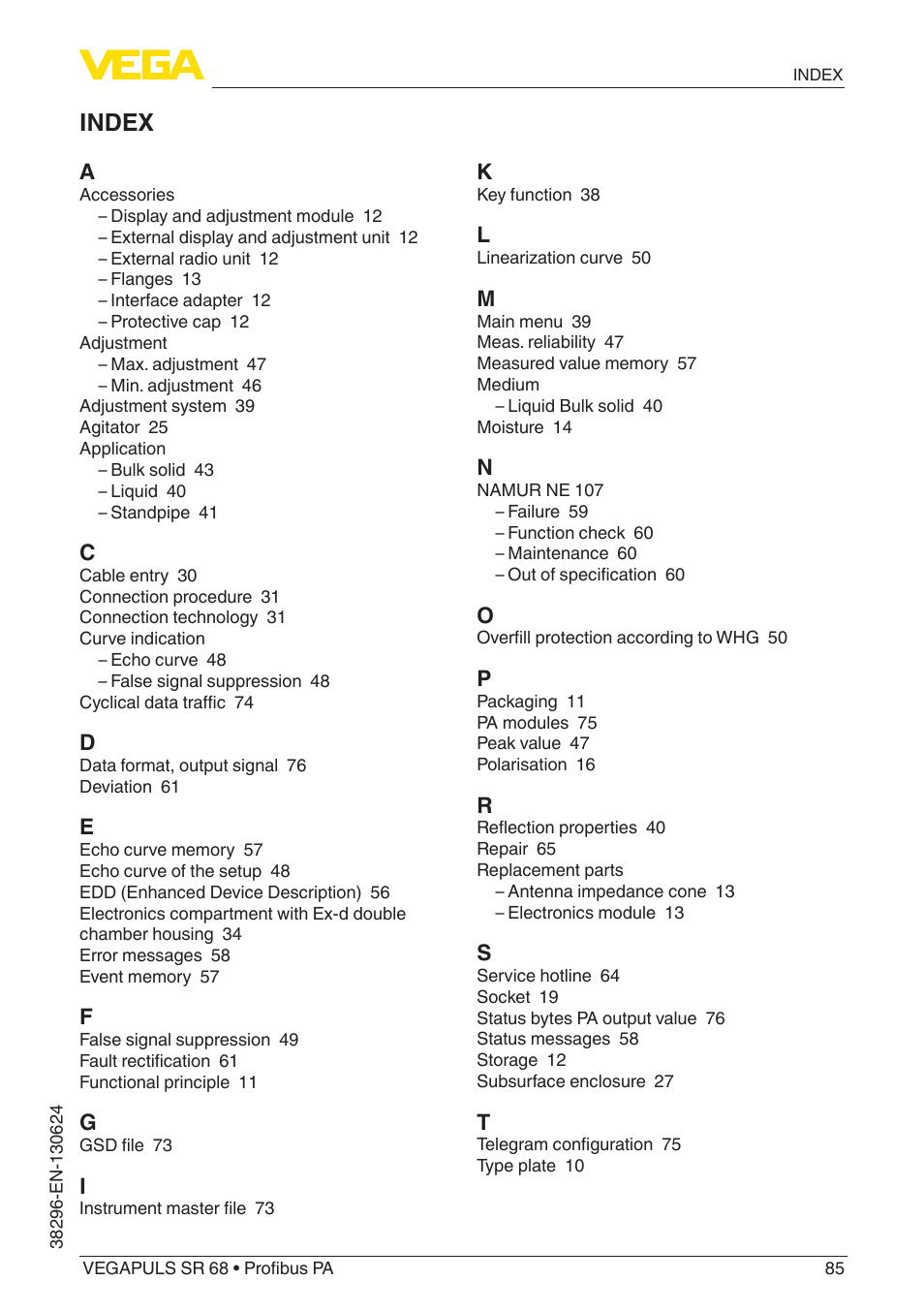 Index | VEGA VEGAPULS SR 68 Profibus PA User Manual | Page 85 / 88