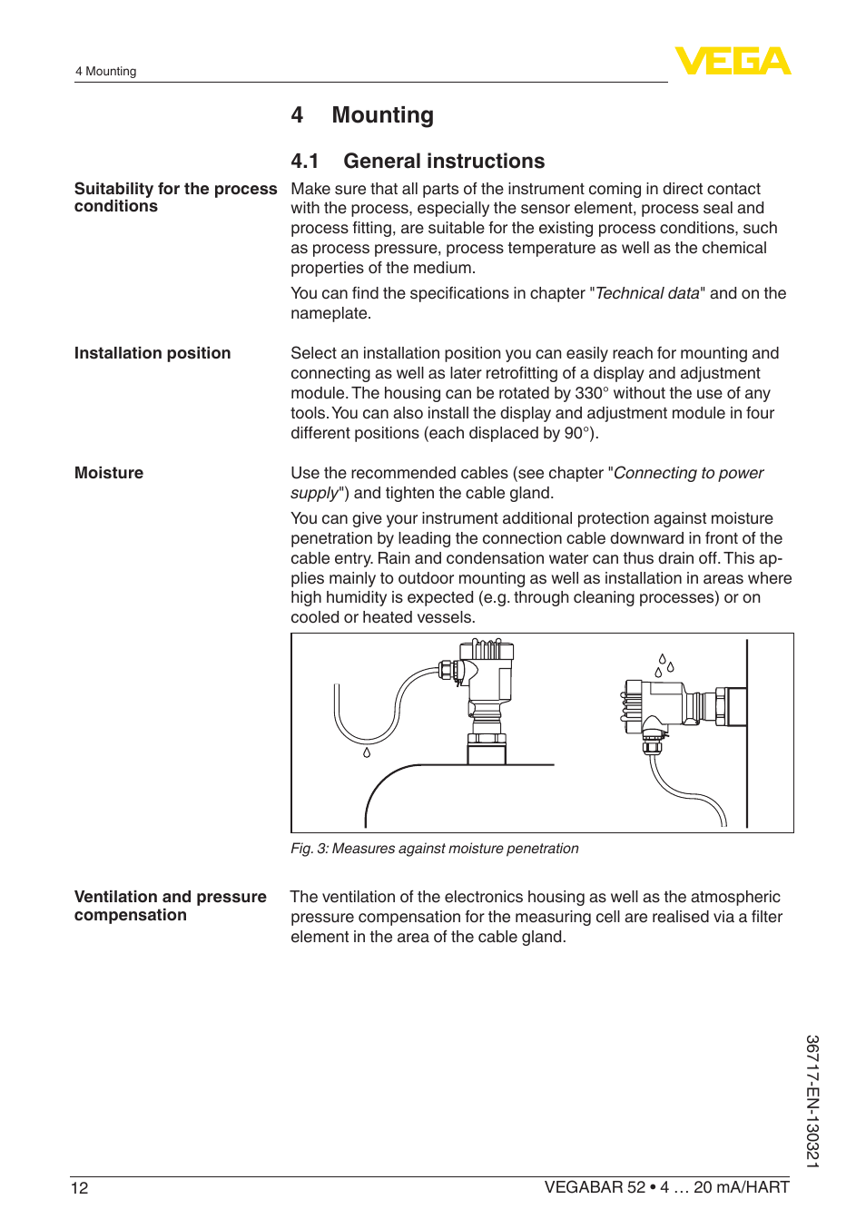 4 mounting, 1 general instructions | VEGA VEGABAR 52 4 … 20 mA_HART User Manual | Page 12 / 76