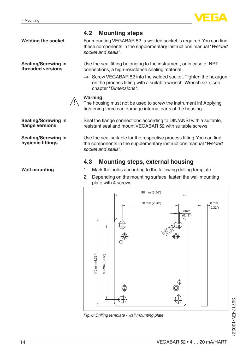 2 mounting steps, 3 mounting steps, external housing | VEGA VEGABAR 52 4 … 20 mA_HART User Manual | Page 14 / 76
