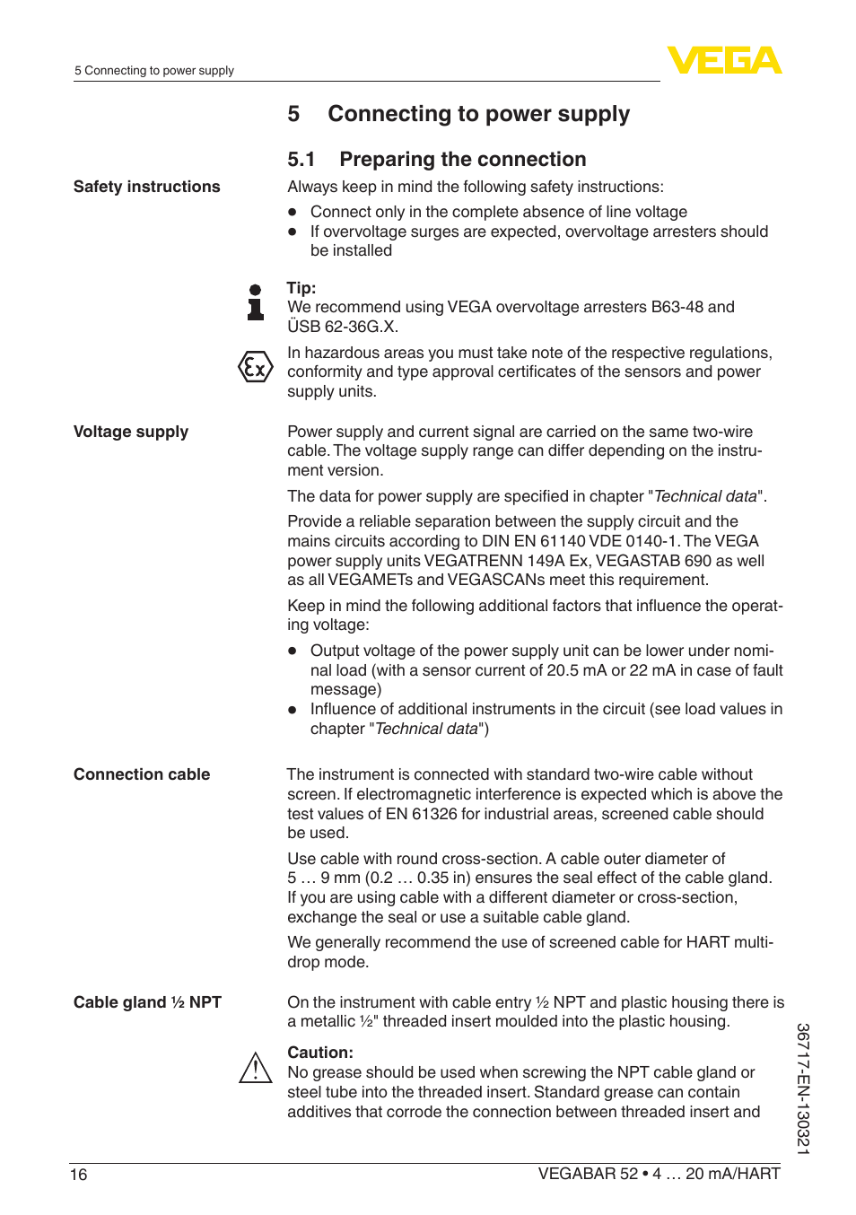 5 connecting to power supply | VEGA VEGABAR 52 4 … 20 mA_HART User Manual | Page 16 / 76